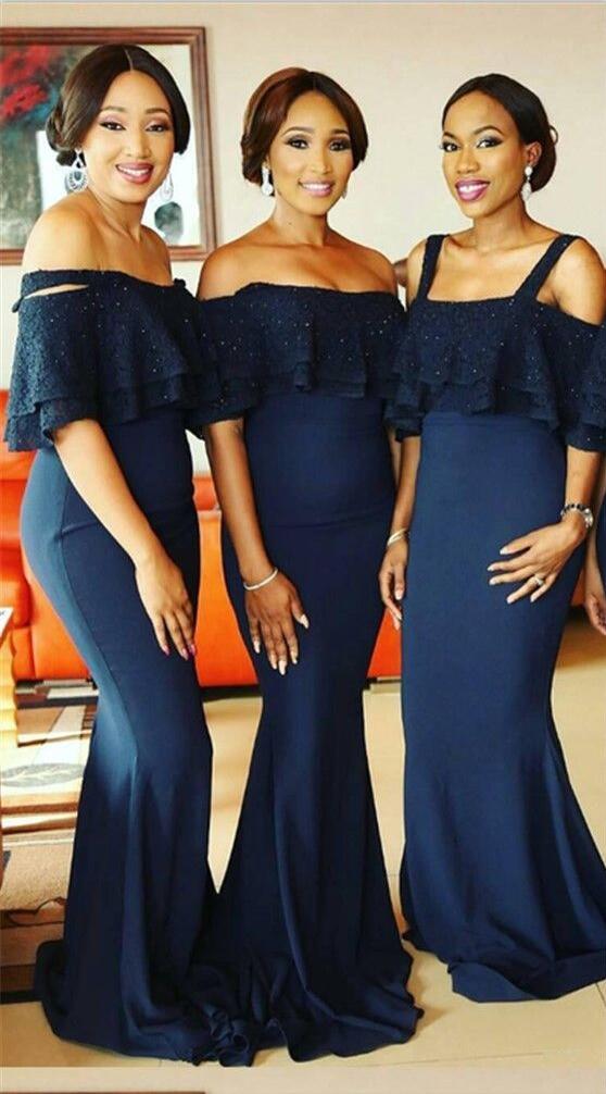 

Spaghetti Straps Navy Blue Bridesmaid Dresses Long Tiers Lace with Beaded Maid of Honor Dresses Mermaid Prom Dresses