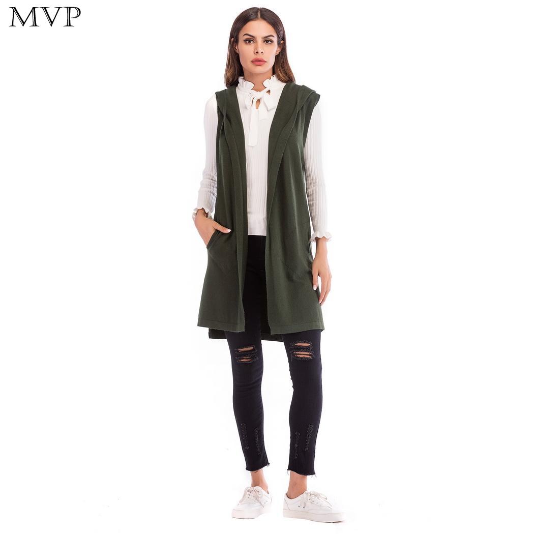 Gilet Long sans manches pour femme, vert, décontracté, mode, gris, à capuche, couleur unie, Cardigan de printemps, automne, noir, tricot, pull d'