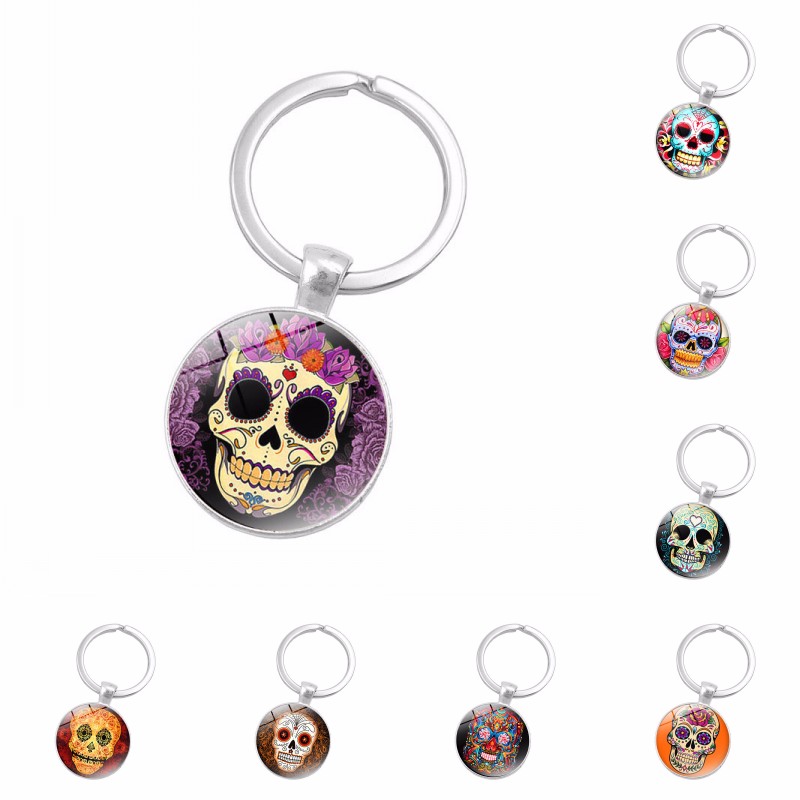 

Sugar Candy Skull Head Keyrings Punk style skull pattern key ring Skeleton time gem cabochon keychain