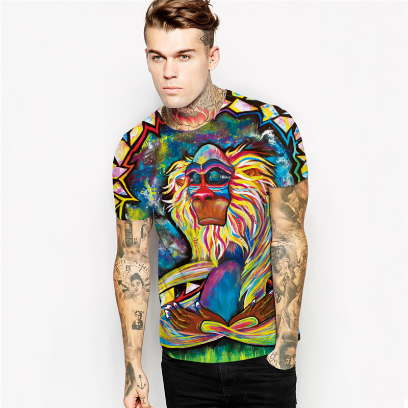 wholesale free summer fashion short sleeve cartoon monkey ufo print 3d men women t shirt paint color print tee tops