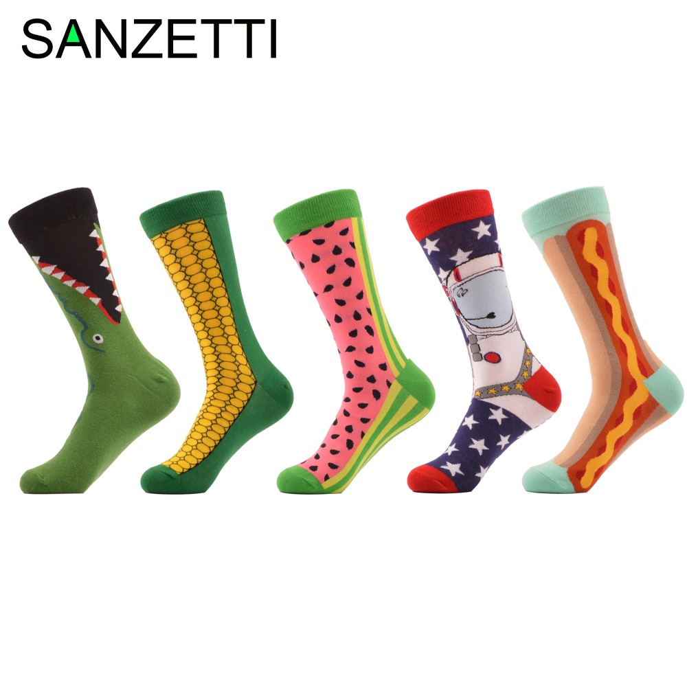 

Wholesale- SANZETTI 5 pair/lot Men's Combed Cotton Socks Funny Pattern Corn Space Man Hot Dog Watermelon Novelty Socks Casual Crew Socks, 05166