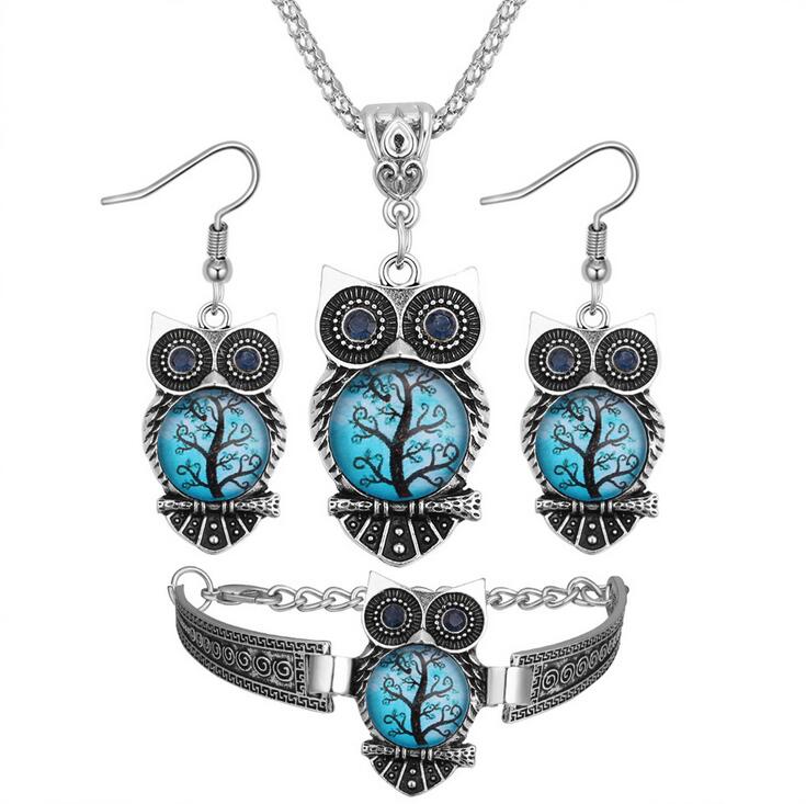 

4 Color owl stone necklace earring bracelet suit women jewelry Euramerican style clavicle chain women fashion accessories nice gift