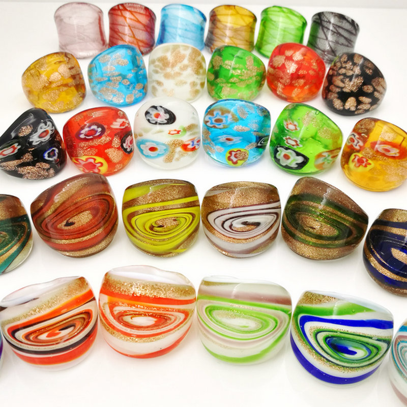 

30 PCS randomly mixed with coloured glaze rings Murano hot gold foil color ring more 17-19 mm