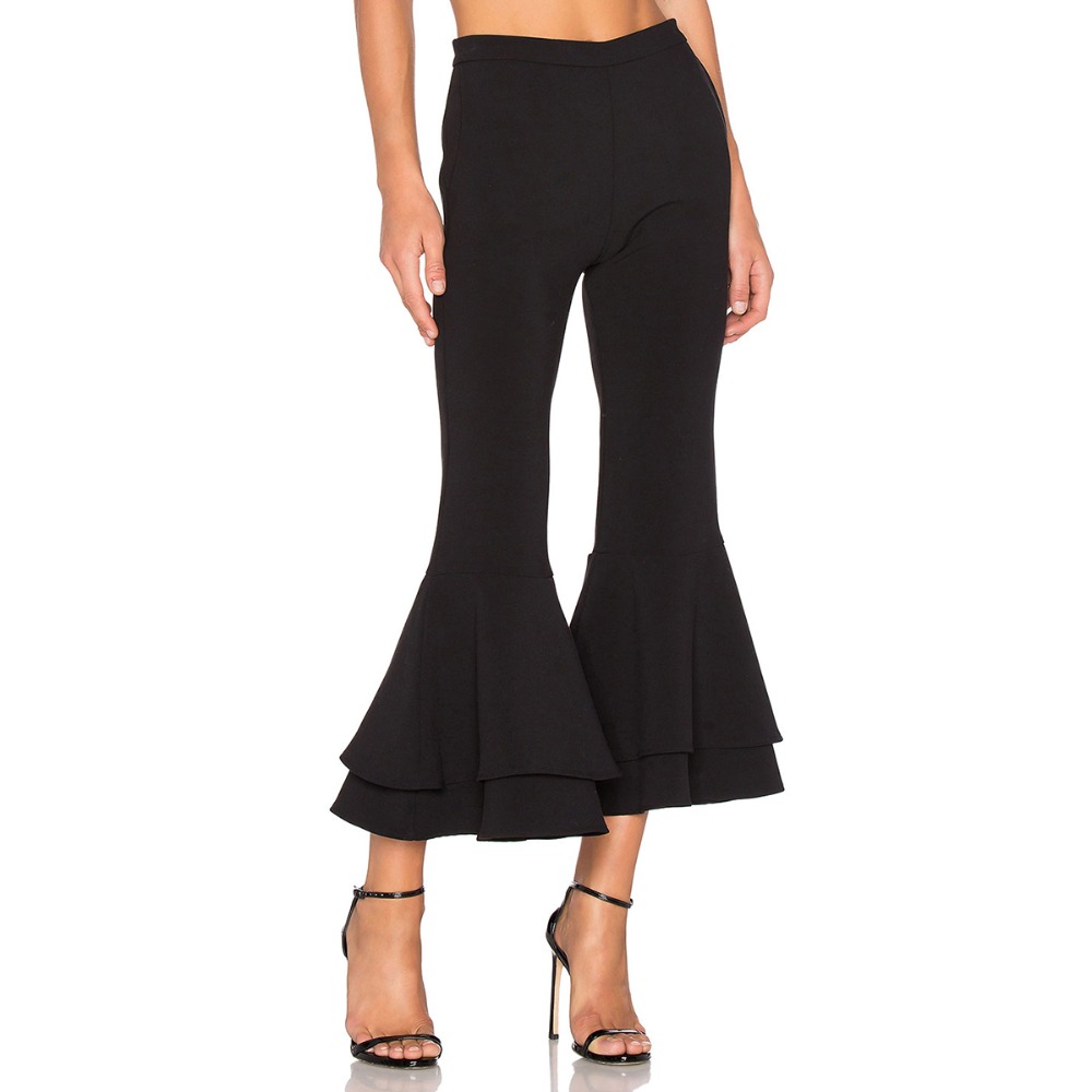 

Flare Pants Ruffles Women Trousers Ankle Length Pants Elegent Office ladies OL Work wear New Spring Bottoms, Black