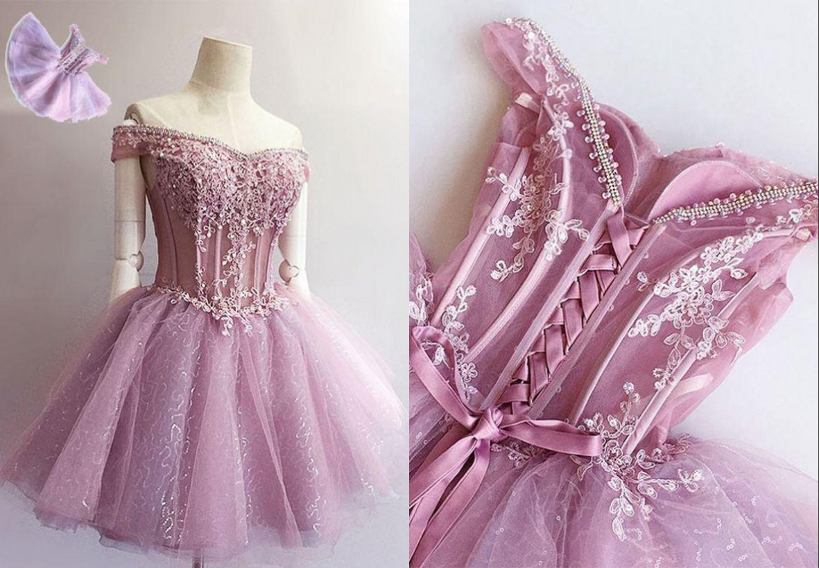 

Romantic Rose Pink Homecoming Dresses Ball Gown Off the shoulder with Sleeves Applique Lace Pearls Crystal Short Prom Party Dress Gowns, Chocolate