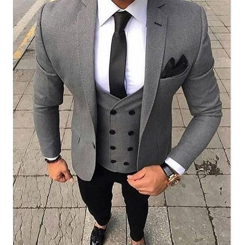 

Three Piece Casual Men Suits 2019 Gray Jacket Double Breasted Vest Black Pants Slim Fit Wedding Groom Tuxedos, Black;gray