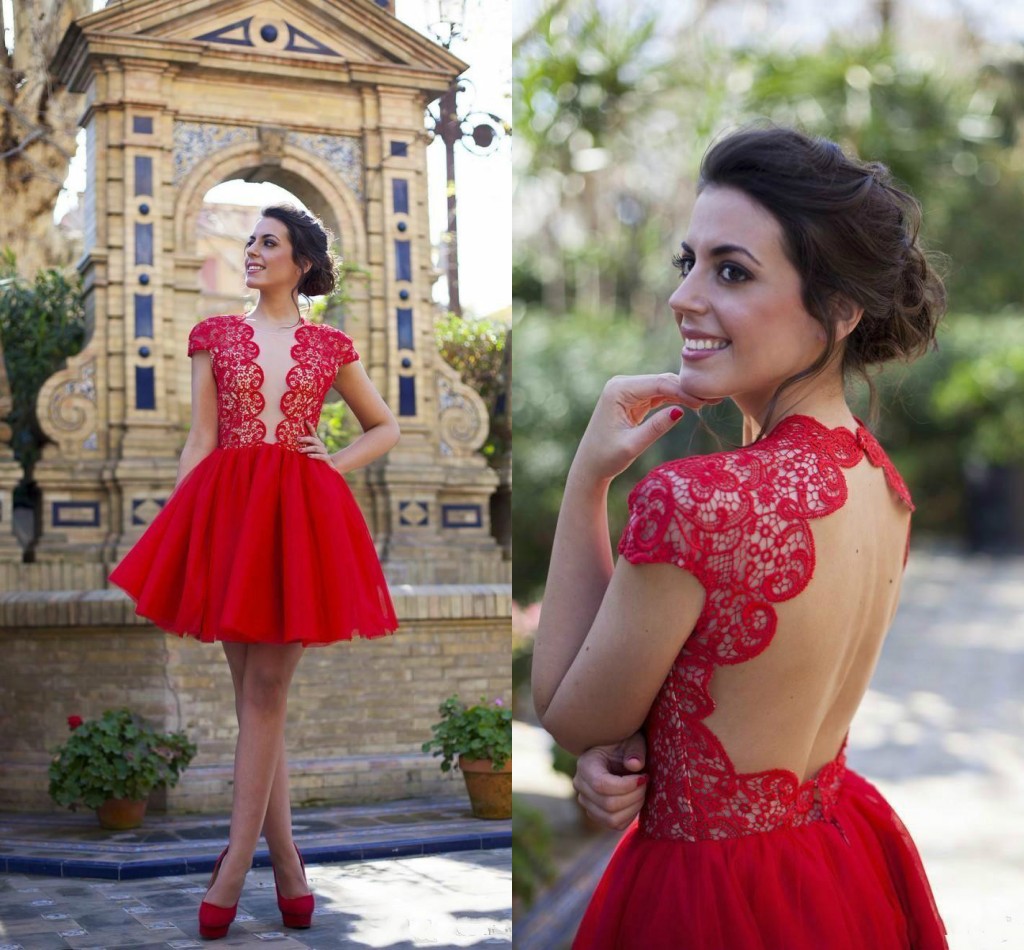

Modest Backless Red Tulle Lace Applique Homecoming Dresses Short Jewel Capped Short Sleeve Cocktail Dress Formal Party Graduation Gowns, Pink