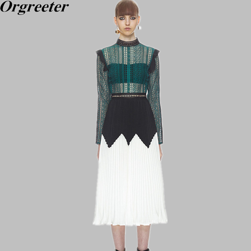 

New Self Portrait Dress 2018 Elegant Women See Though Long Sleeve Pleated Lace Chiffon Autumn Dress Green White Long Midi, White;black