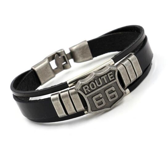 

Mens Fashion ROUTE 66 Rivet Charm Bracelets Punk Retro Multilayer Leather Bracelets For Men Women Statement Cuff Bangles Jewelry Gifts