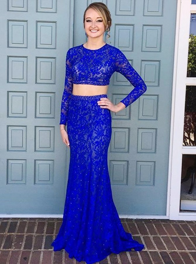 

Sexy Royal Blue Prom Dresses Mermaid Two Pieces 2018 Lace Illusion Long Sleeves Jewel Neck Beaded Sequins Evening Formal Gowns Dress Cheap, Fuchsia