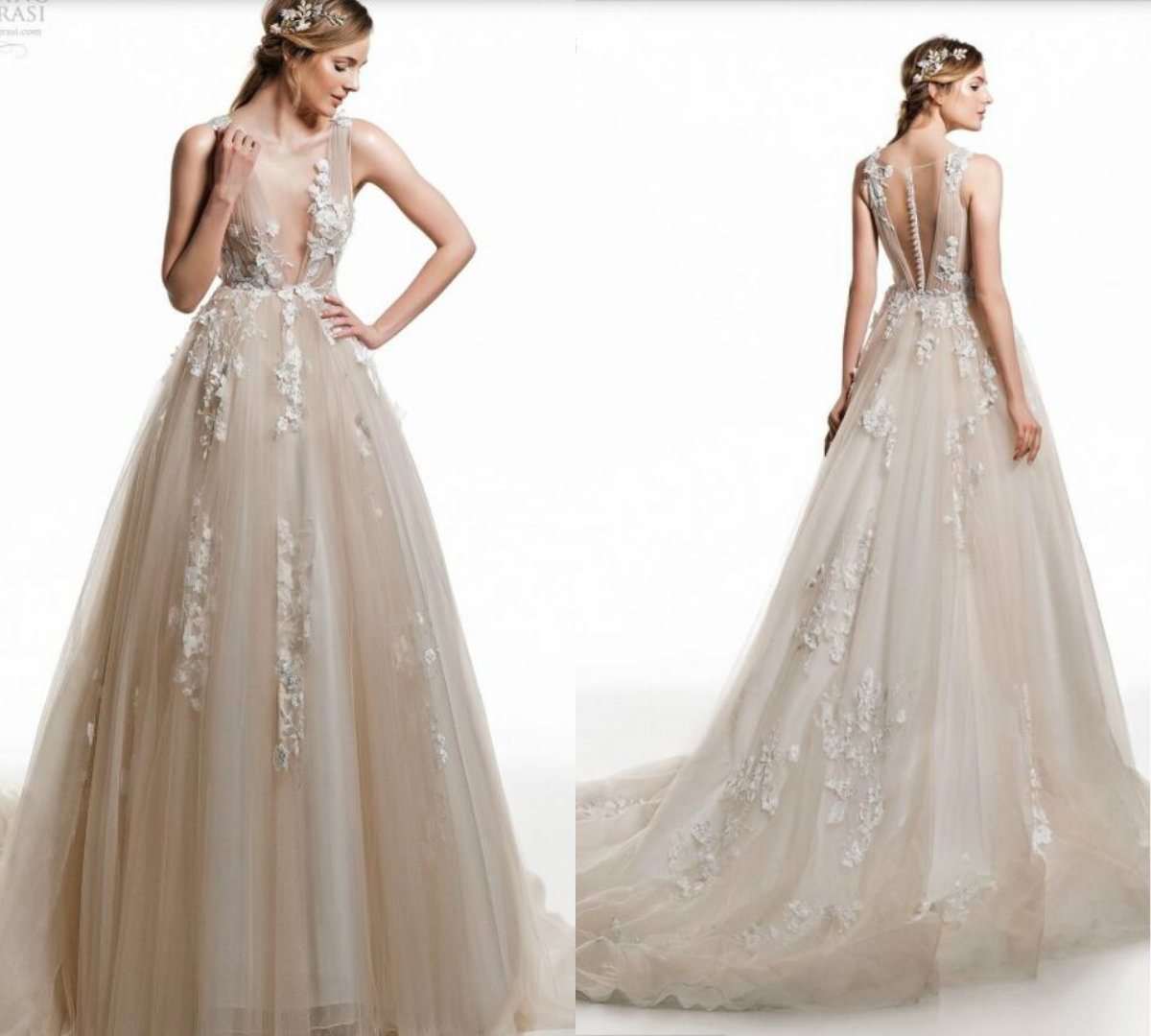 

A Line Boho Wedding Dresses Deep V Neck 3D Floral Appliques Sweep Train Sexy Back Beach Bridal Gowns Champagne Plus Size Wedding Dress, Pink