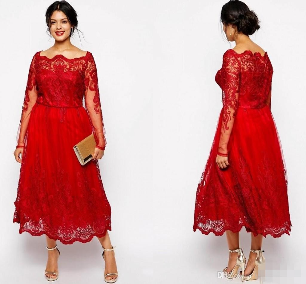 2019 Date Plus La Taille Rouge Dentelle Robes De Soirée À Manches Longues Bateau Cou Thé Longueur Femmes Robe De Soirée Formelle Élégant