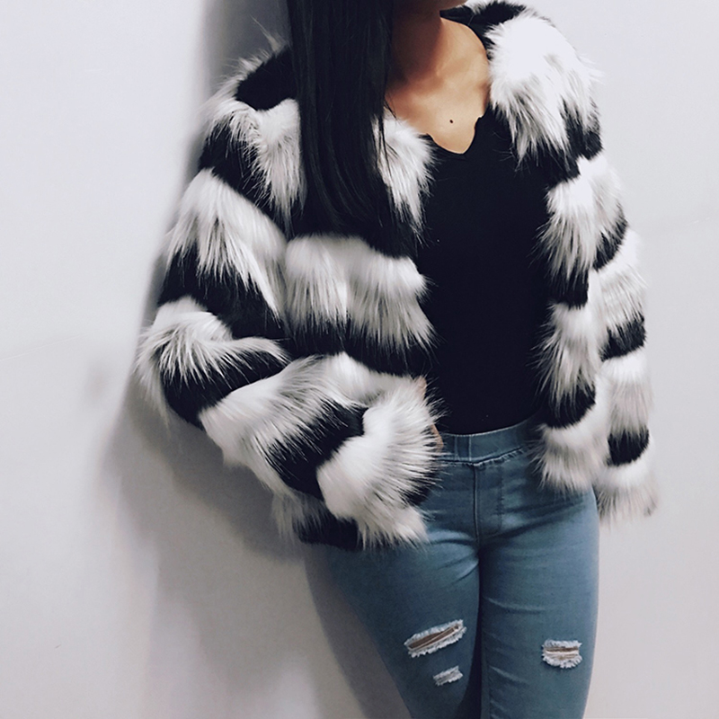 

Winter Plus Size Fashion Tops Women Imitation Fur Coat Wave Pattern Patchwork Short Fur Coats Outwear Warm Thick Faux Coats, Picture color
