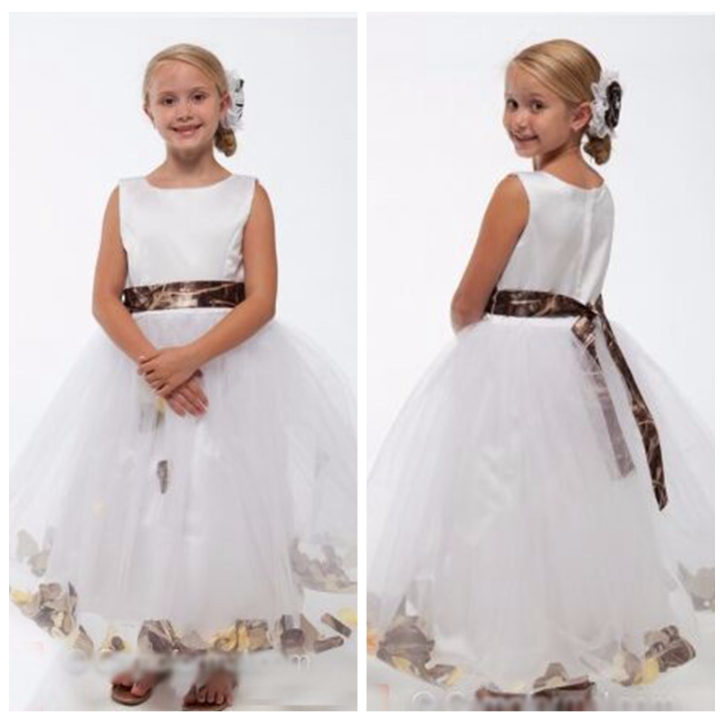 

O-Neck Reed Bulrush Camo Ribbon White Flower Girls Dresses Ankle Length Custom Kids Formal Party Gowns 2018 Cheap Camouflage Party Gowns, Brown