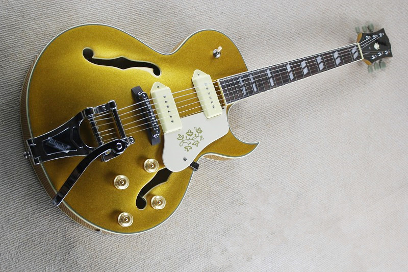 

es295 angled semi-hollow electric guitar double p90 pickup is bright gold