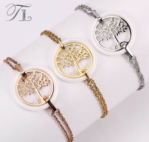 

TL Hot Sale Life Tree Ceramic Bracelet Stainless Steel Hollow Life Tree Flake White Ceramic Circle Charm Bracelet For Women Gift