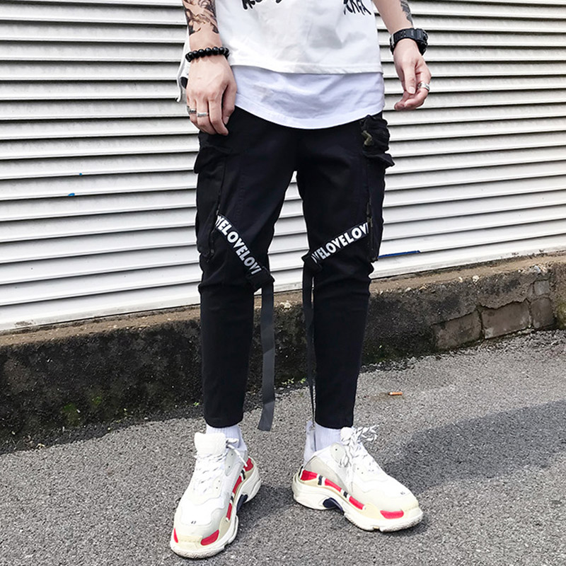 

High Street Hip Hop Harem Pant Men Fashion Casual Pant Ribbons Splice Sweatpants Joggers Trouser Male embroidery Pants US S, As pic