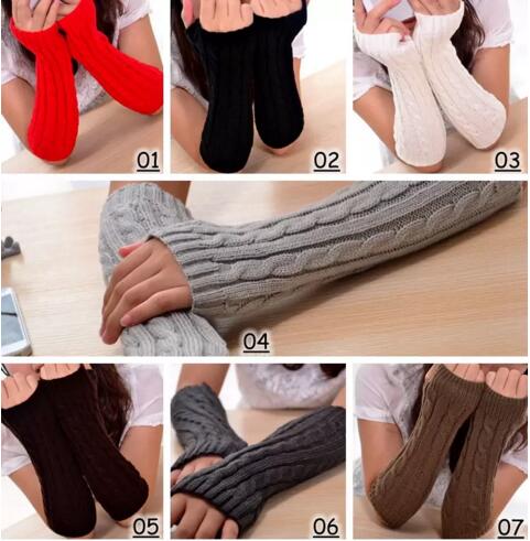 

Winter Women Warm Knitted Plaid gauntlet Long Gloves Half Finger Gloves Hand Wrist Fingerless Gloves Warm Cuff Arm Sleeves 7Colors