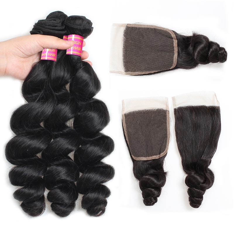 

Brazilian Loose Wave Bundles with Closure Brazilian Loose Wave with 4x4 Lace Closure Unprocessed Virgin Human Hair Weave, Natural color