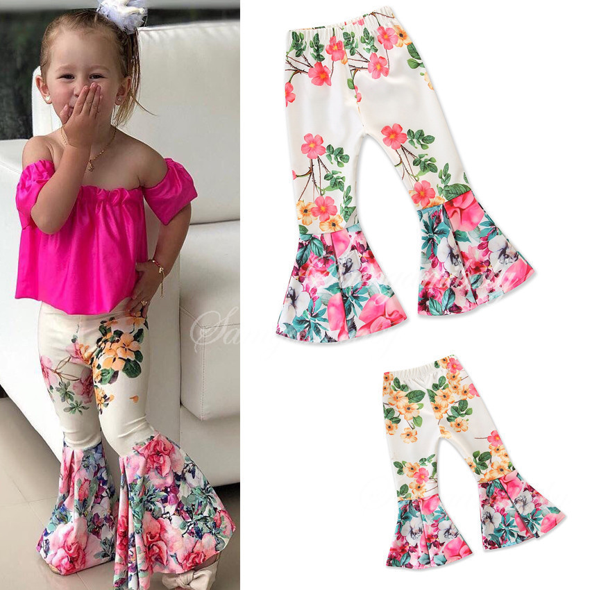 

2018 Fashion kids Children Floral Flare Girls Trousers Baby Girls Flare pants children pantyhose tights long pants bell bell-bottoms, As photo