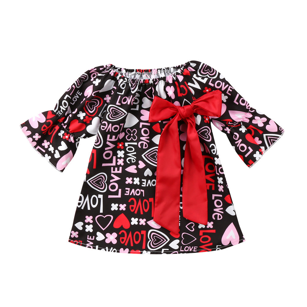 

New Girls Dresses 2018 Cute Love Letter Heart Printed Princess Dress Big Red Bowknot Half Sleeve Kids Dress Girl Round Collar Dress Z11, As photo