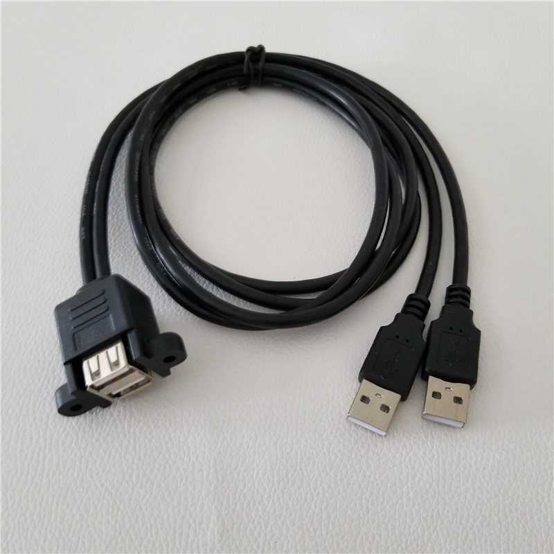 Dual-port USB2.0 Extension Cable with Screw Holes Panel Mount USB Data Cable Black 1M-image-764967238