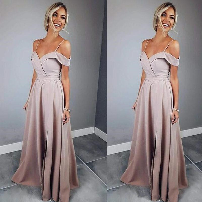 

Chic A-Line Split Prom Dresses Sexy Spaghetti Simple Satin Long Prom Party Dress Formal Evening Gowns, Gold