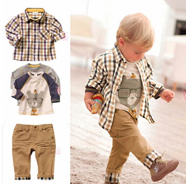 

2018 Hot 3 pcs baby boy clothing boys suit clothes china lattice spring jacket infant coats white long shirt boys trousers, Chocolate