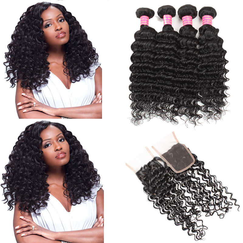 

Wholesale 8A Brazilian Extensions Deep Wave 4 Pcs With 4*4 Swiss Lace Closure 100% Unprocessed Virgin Human Hair Free/Middle/Three Part, Natural color