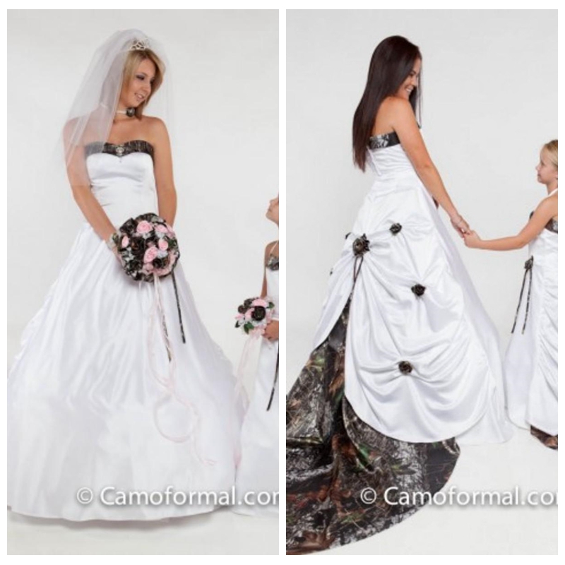 

2018 Sweetheart A-Line Camo Wedding Dresses Draped Handmade Flowers Adorned Bridal Gowns Camouflage Long Country Wedding Wear Real Tree, Gold