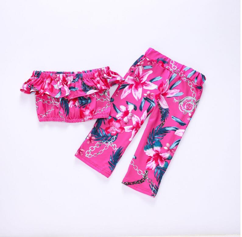

Baby Girl Phoenix flower Iron Chain Print Tops and Pant Set Baby Summer Trousers Suit Kids Tops and Trousers Two Pieces Children Clothes, As picture
