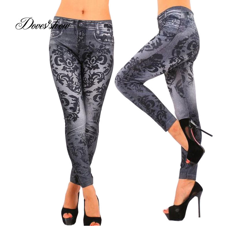 

New Fashion Slim Women Leggings Faux Denim Jeans Long Note Printing Spring Summer Leggings Casual Ankle Length Pencil Pants, Blue