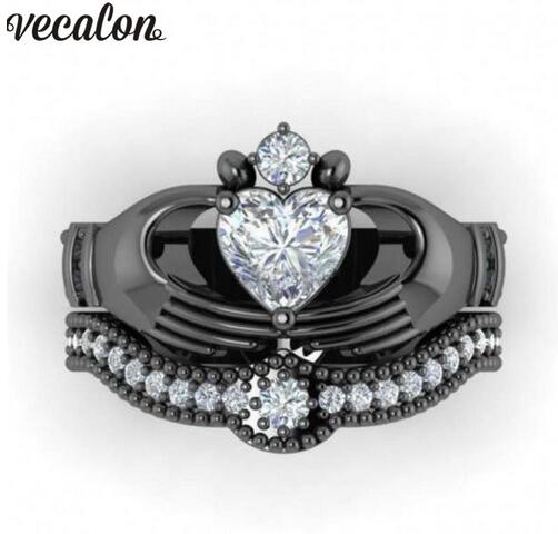 

Vecalon 5 Colors Birthstone claddagh ring 5A Zircon Cz Black gold filled Couple wedding Band ring Set for women men Dropshipping