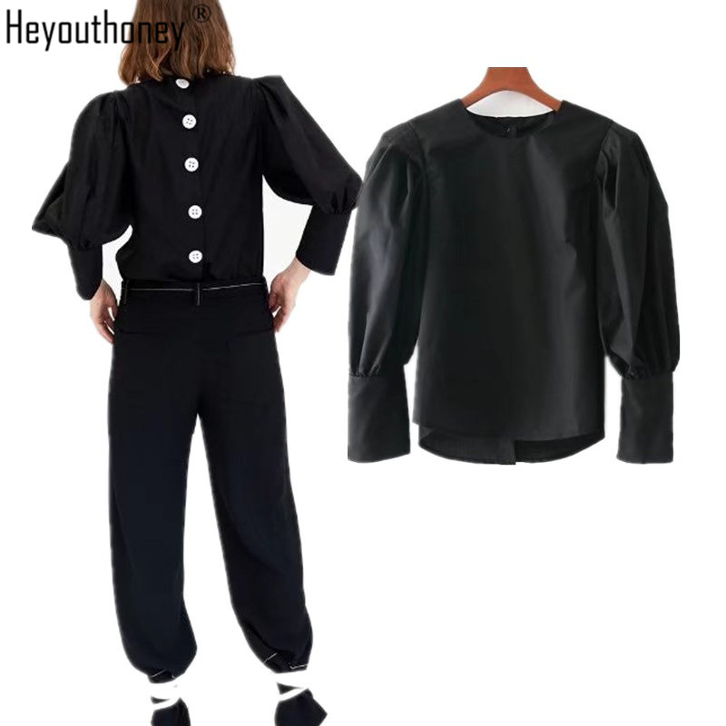 Heyouthoney Spring fashion black puff sleeve o-neck women back single breasted shirt blouses puff long sleeve loose femme tops