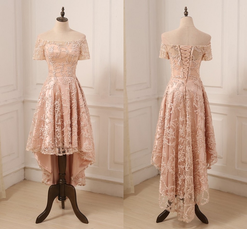

Rose Gold Lace Prom Dress High Low Off shoulder with Sleeves 2022 Lace up Back Designer Cheap Evening Formal Gowns New, Pink