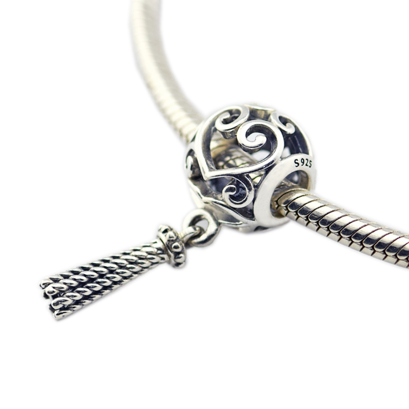 S925 Sterling Silver beads Enchanted Heart Tassel Charms Openwork Pendant Fits Bracelet DIY for Women Jewelry Accessories-image-411661646