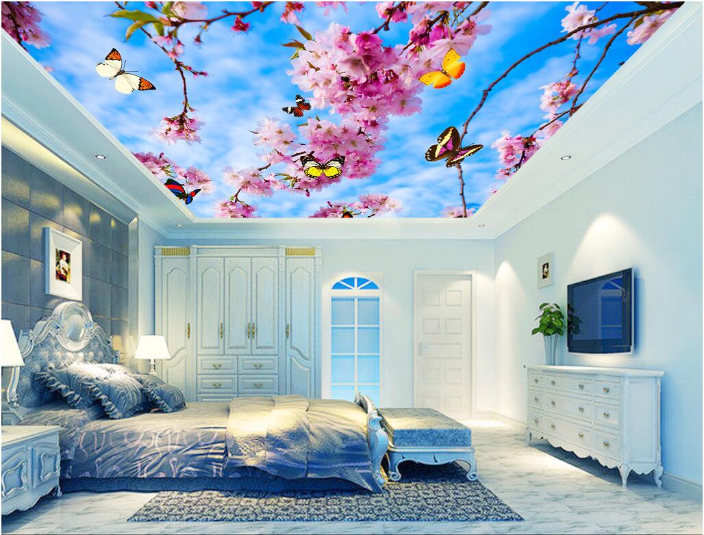

3d photo wallpaper custom mural Peach blossom Flowers butterfly background 3d wall murals wallpaper ceiling room home decoration painting, Picture shows