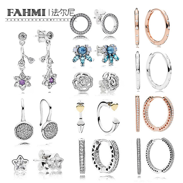 

FAHMI 100% 925 Sterling Silver 1:1 Fashion Daisy Rose Stud Earrings Water Drops Love Star Ice Crystal Paw Inlay Earring