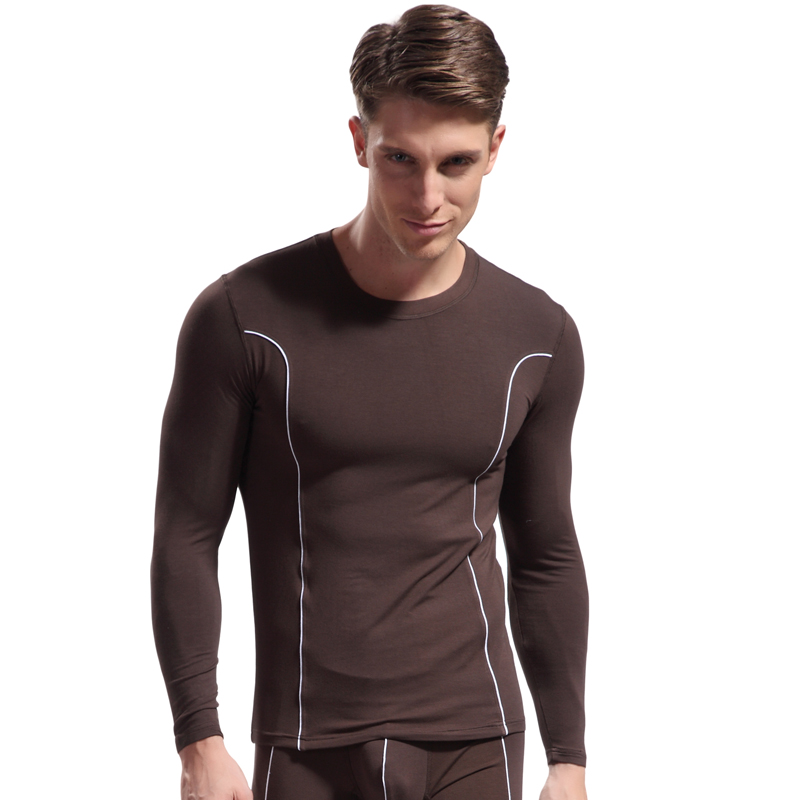 

Men's bamboo fiber underwear warm clothing shirt Slim fit long johns comfort soft Sexy Undershirt tight (Not include pants), Coffee