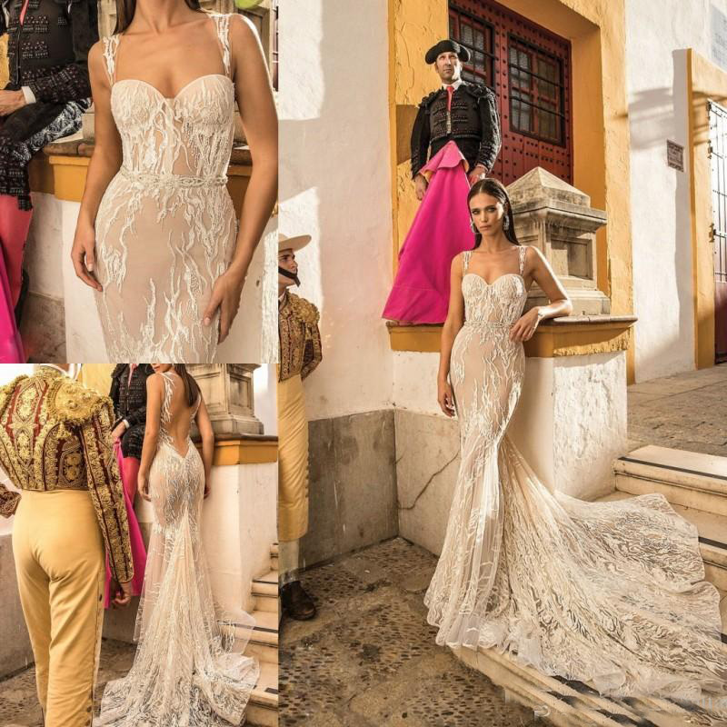 

2018 Berta Sexy Spaghetti Mermaid Wedding Gowns Sweetheart Sequins Shiny Sheer Back Wedding Bridal Dress Vestido de noiva, White
