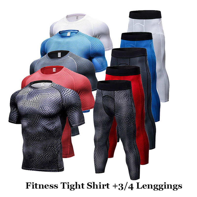 

Men's Compression Suit 3/4 Leggings+T shirt Quick Dry Running Set Fitness Tight Sport Jogging Suit Sportswear, Black
