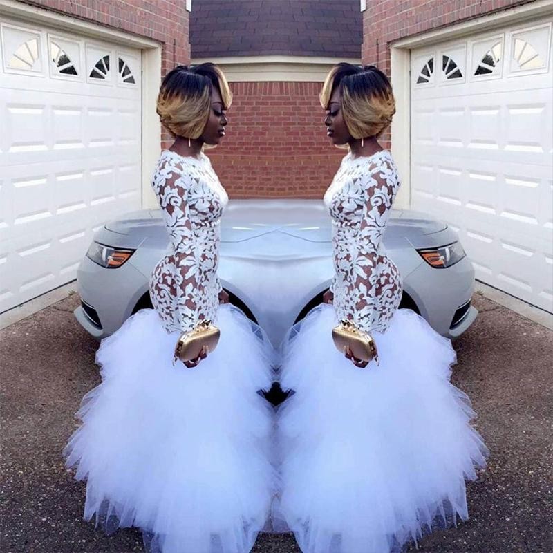 

African White Mermaid Lace Prom Party Dresses for Black Girls Long Sleeves Ruffles Tulle Plus Size Evening Gowns Vestidos, Dark red