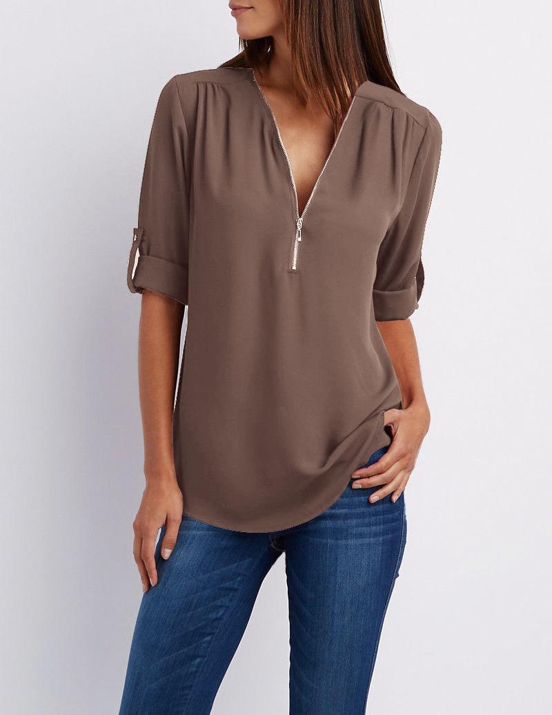 Femmes en mousseline de soie chemise été Tops et blouses Zipper V-cou Puff Blouse à manches longues 5xl Plus Size Shirt Rose 17 Candy Color