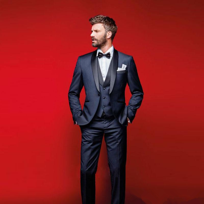 Classy Navy Blue Wedding Tuxedos Slim Fit Suits For Men Groomsmen Suit Three Pieces Cheap Prom Formal Suits (Jacket +Pants+Vest+Bow Tie)