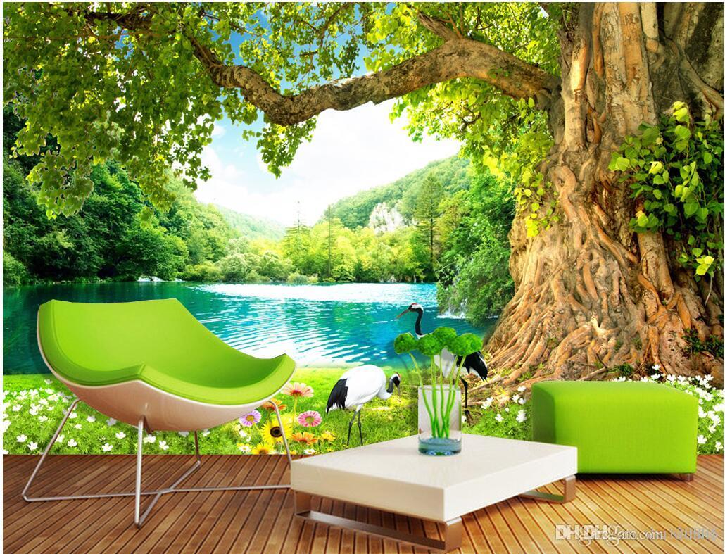 

3d room wallpaper custom photo Fresh tree cranes lake TV sofa background wall decorate painting 3d wall murals wallpaper for walls 3 d, Picture shows