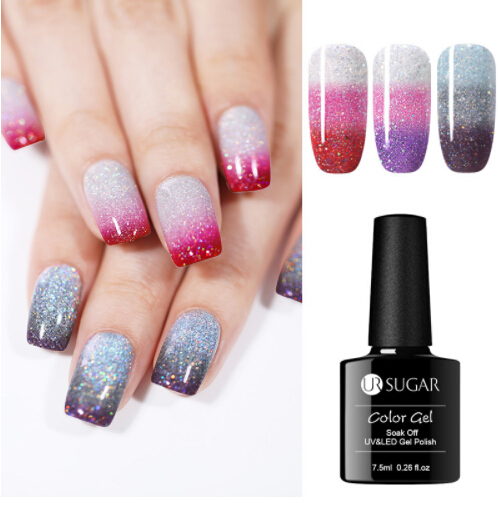 

3 Colors Temperature Color Changing Gel Nail Polish Rainbow Holographic Thermal Soak Off UV Gel Varnish 7.5ml Nail Art, As show