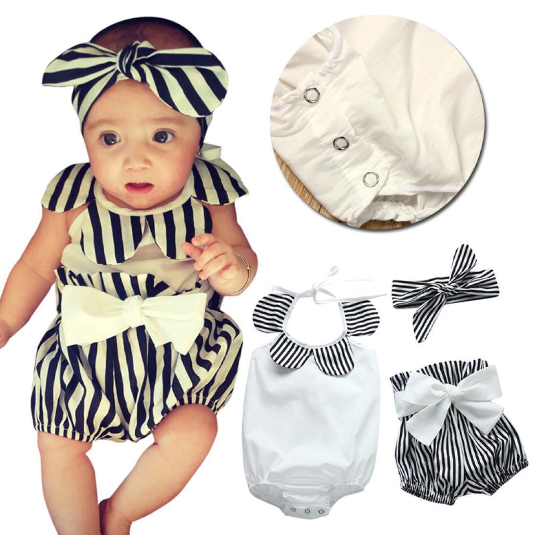 

3pcs/set!2018 New summer infant baby girls boutique romper shorts headband clothing set strips cotton romper diaper bodysuit, White