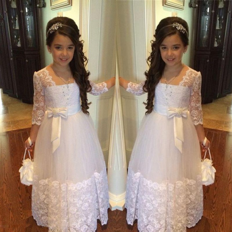 

Gorgeous Lace Long Sleeves Flower Girls Dresses With Ribbon Sash Tulle A Line Girls Pageant Gown For Wedding Baby Party Dress Cheap, Royal blue