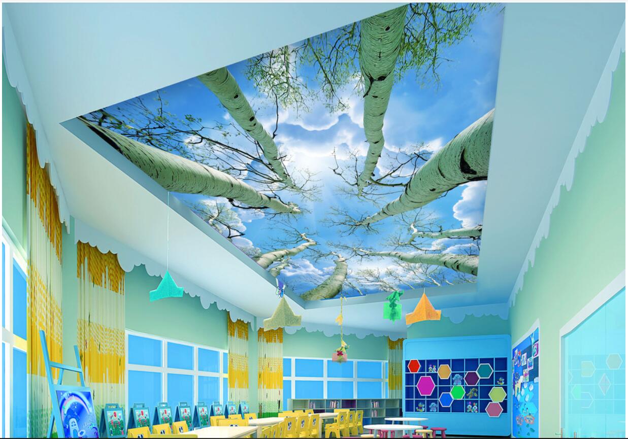 

3d ceiling murals wallpaper custom photo non-woven mural 3d wall murals wallpaper for walls Big tree zenith mural under high definition sky, Sky blue
