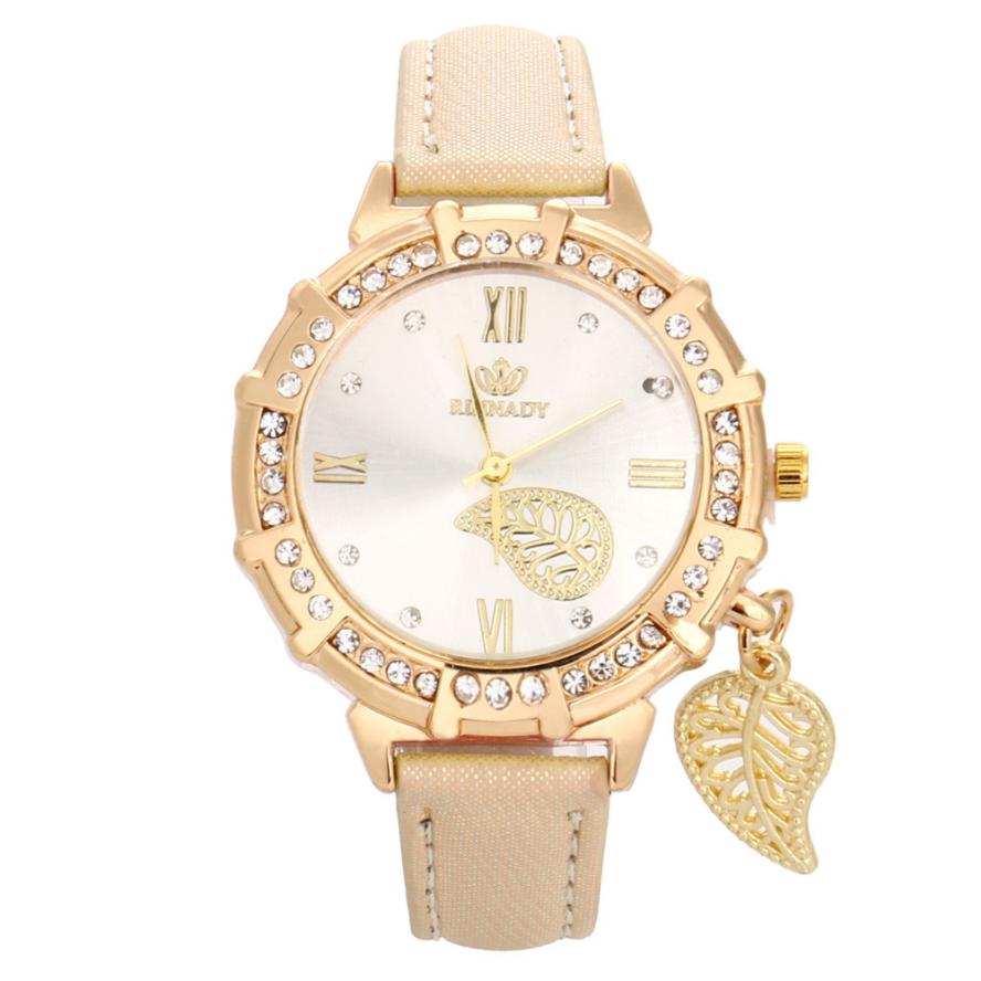 

New Women Quartz Watches Leaves Tower Rhinestone Pendant Leather Wrist Watch 2018 Casual Golden Dial Ladies, Black